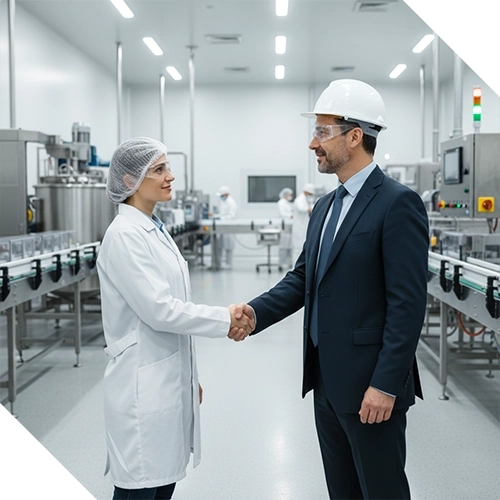 Shaking hands in a manufacturing plant.
