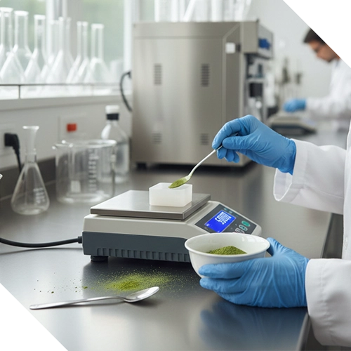 Measuring powdered ingredient on a food scale.