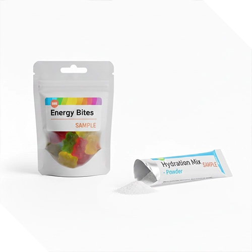 Sample size pouch of gummies and stick powder packet.
