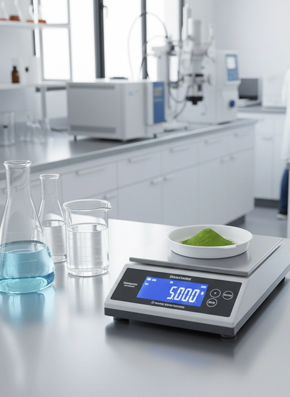 Food scale measuring powdered ingredient in lab.