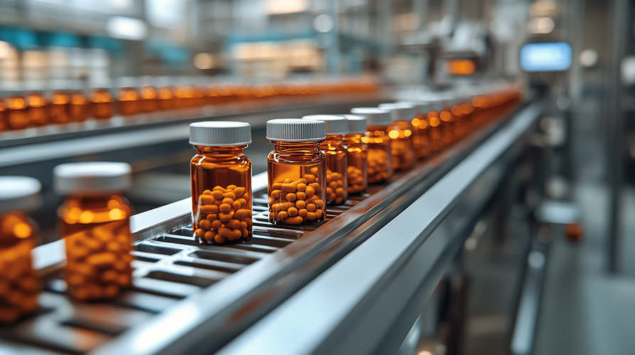 Vials with capsules in a processing plant