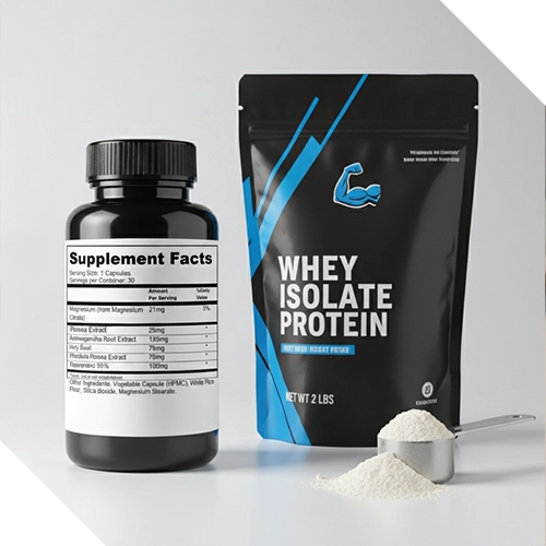 Bottle of supplements and pouch of protein powder.