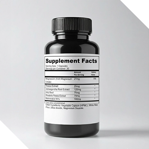 Bottle showing supplement facts panel.